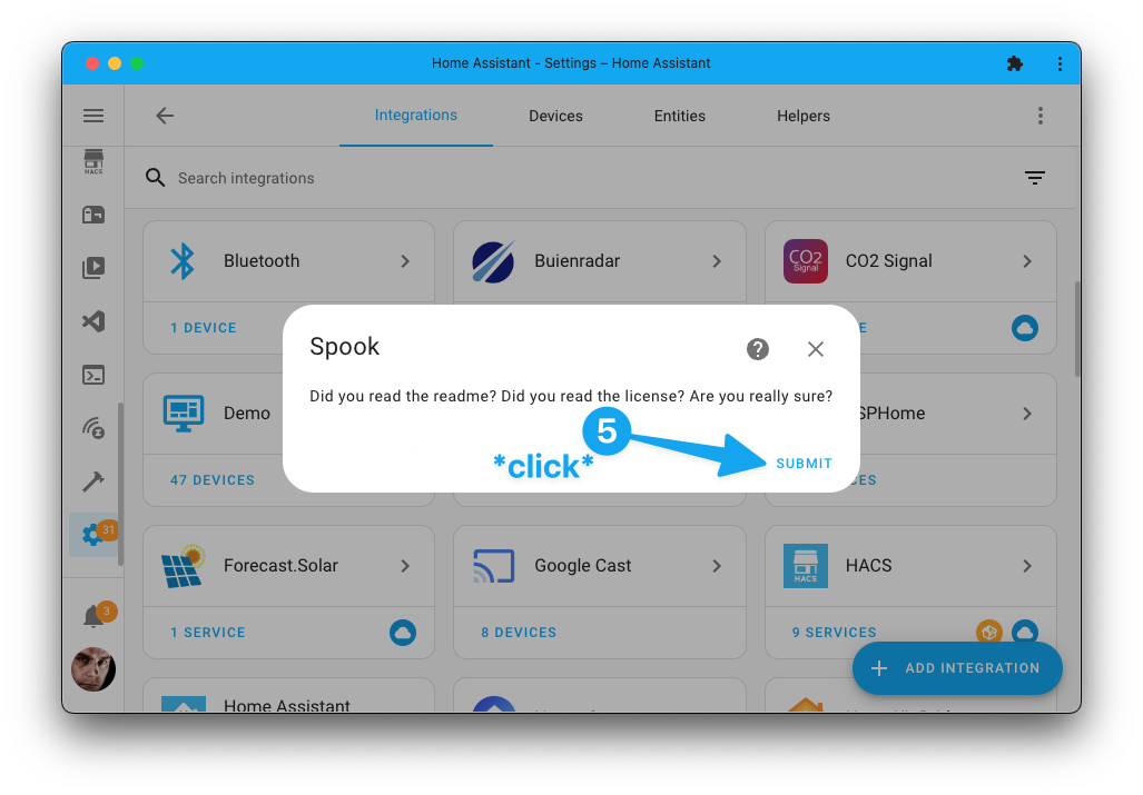 Screenshot showing the Spook add integration dialog in Home Assistant.