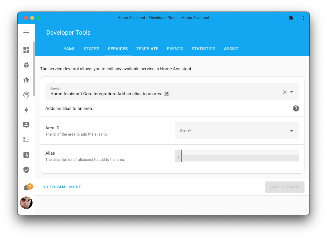 Screenshot of the add an alias to an area action on the Tools page.