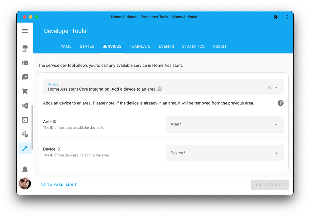 Screenshot of the add a device to an area action on the Tools page.