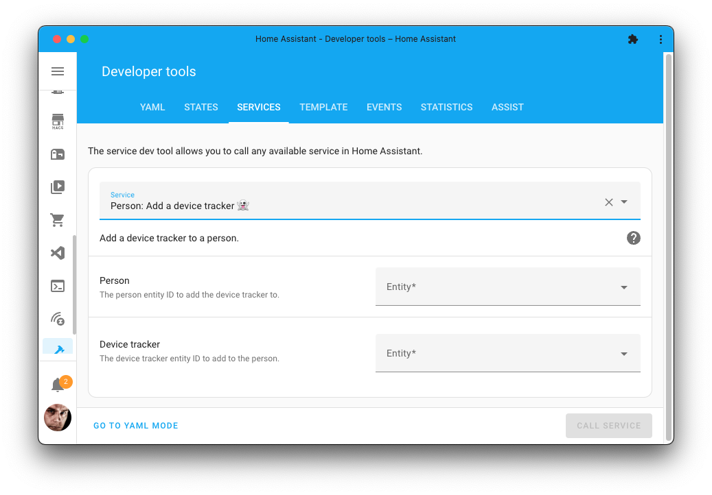 Screenshot of the person add device tracker action on the Tools page.