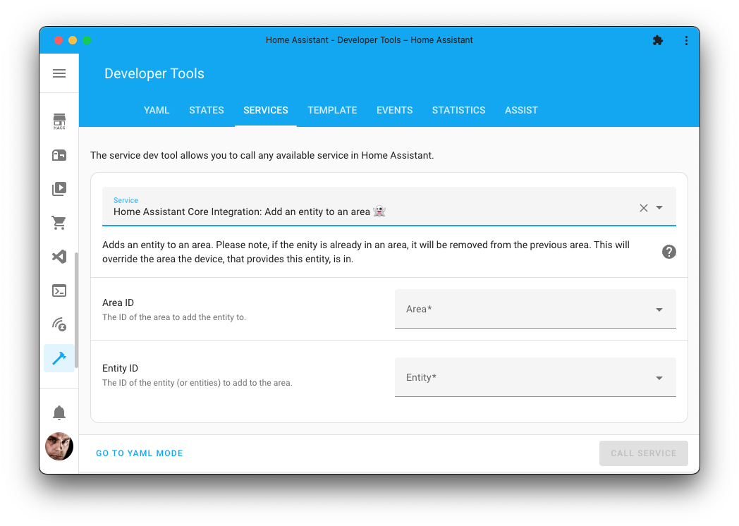 Screenshot of the add an entity to an area action on the Tools page.
