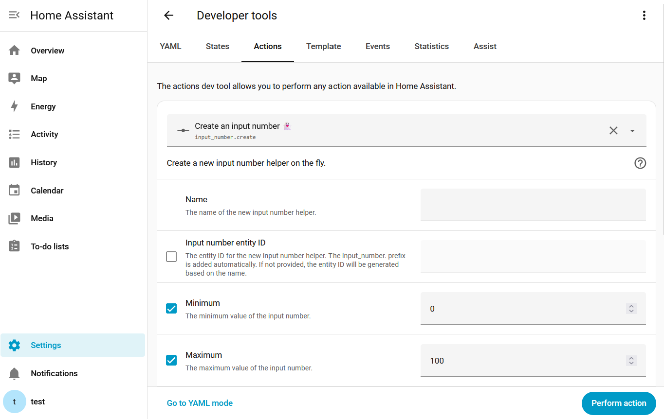 Screenshot of the input number create action on the Tools page.