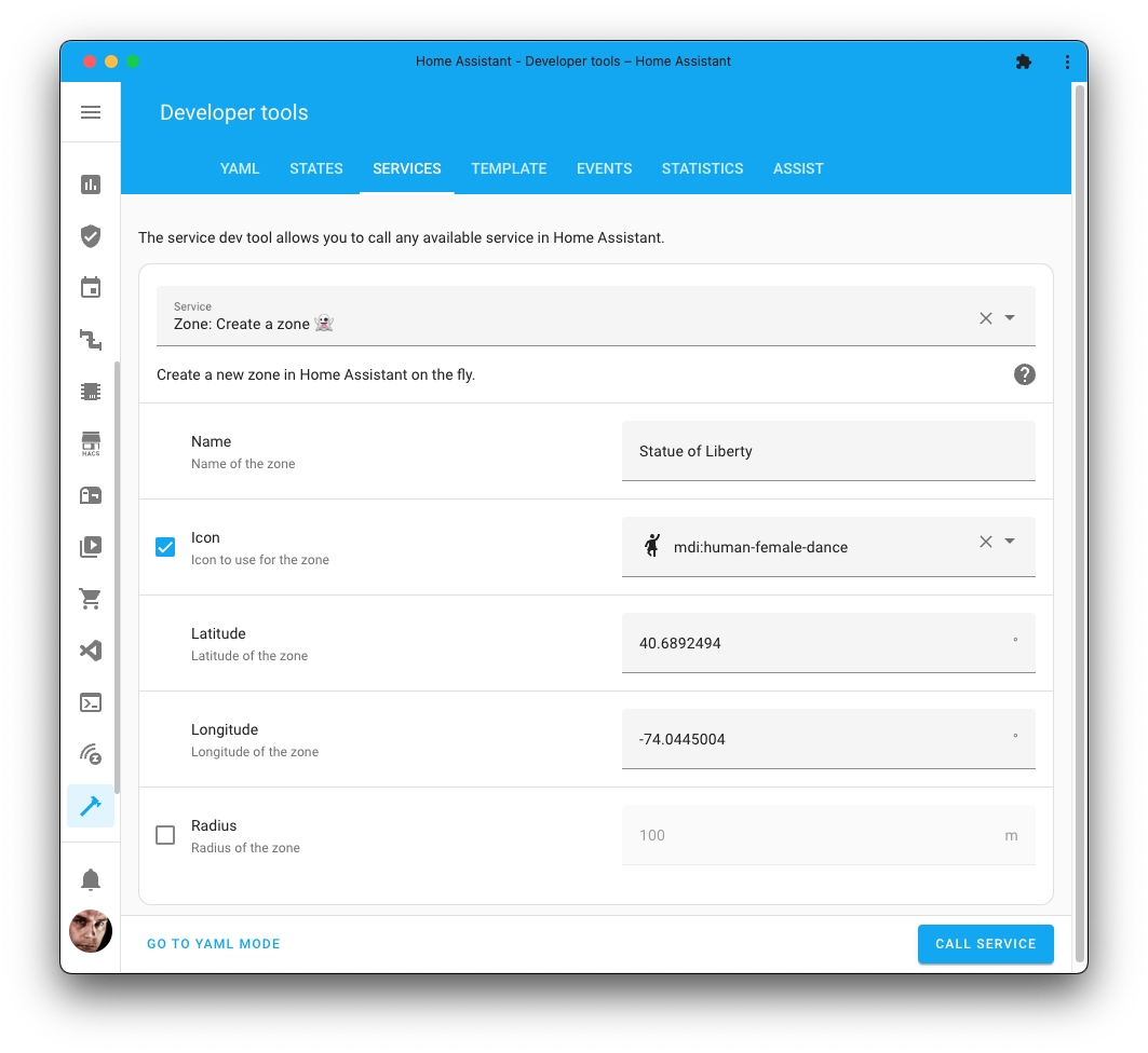 Screenshot of the zone create action on the Tools page.
