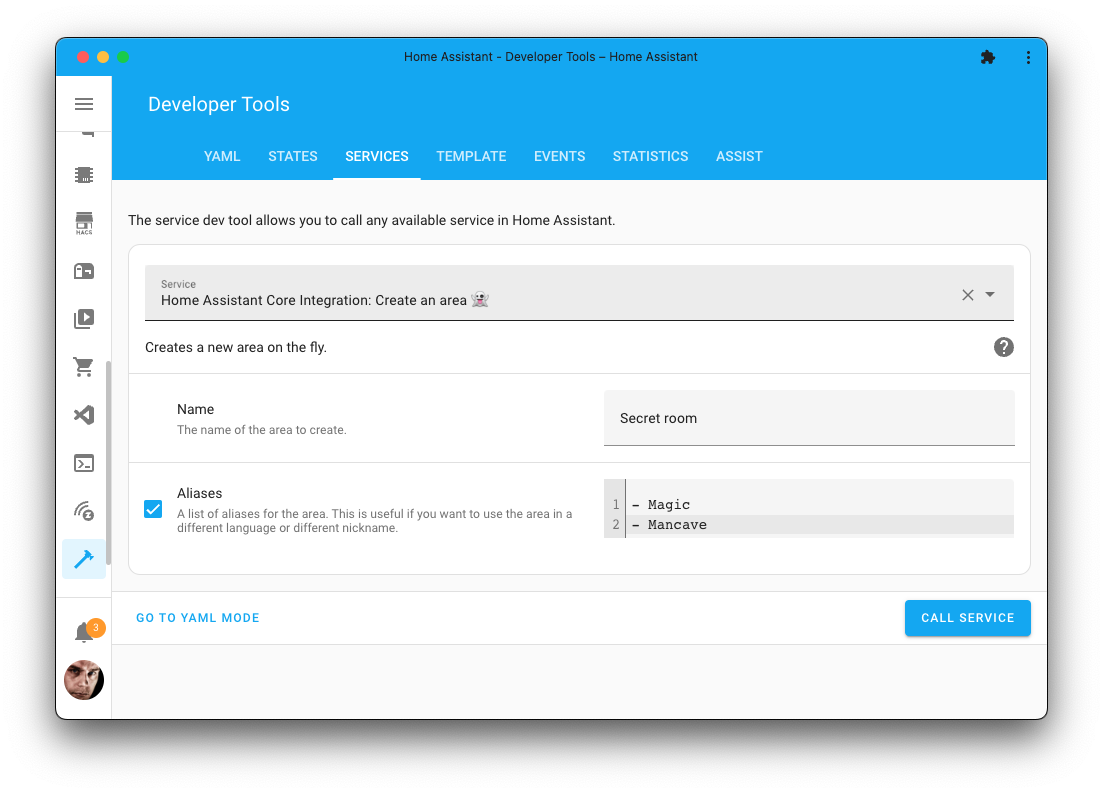 Screenshot of the create area action on the Tools page.
