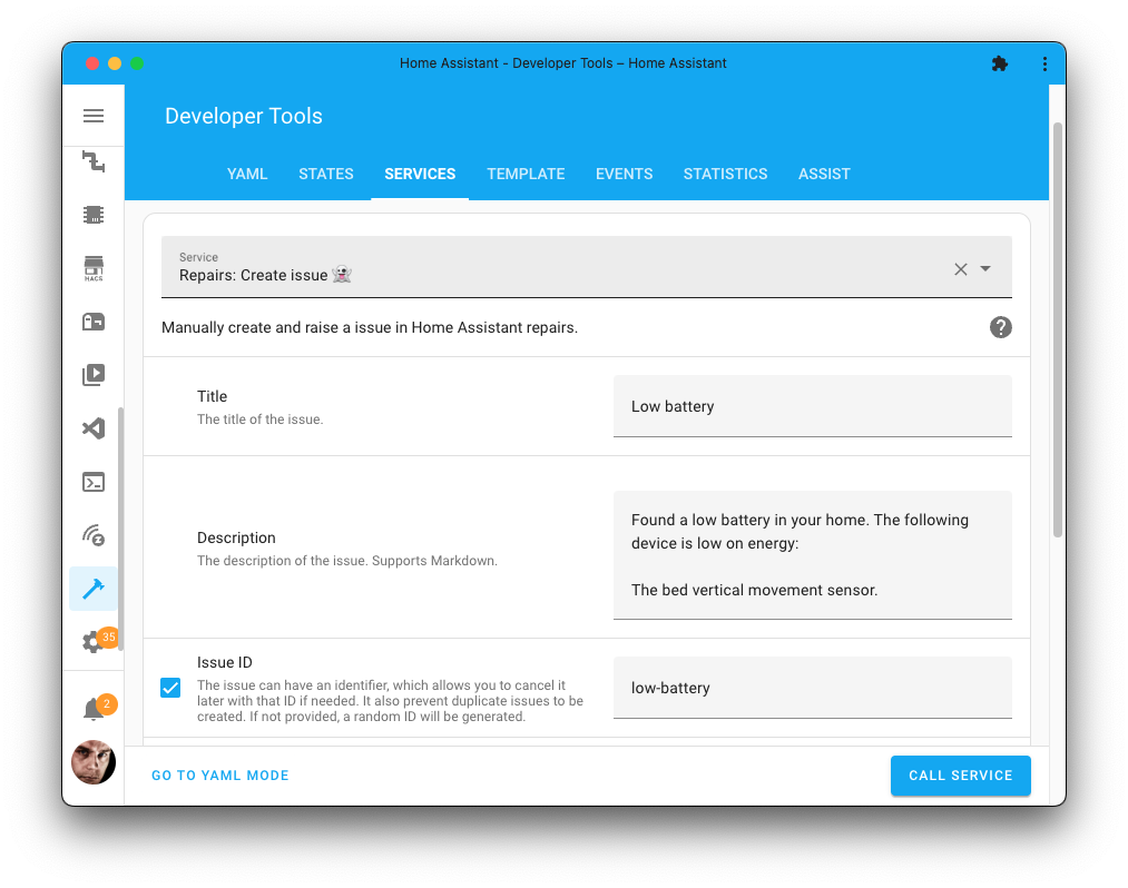 Screenshot of the repairs create issue action on the Tools page.