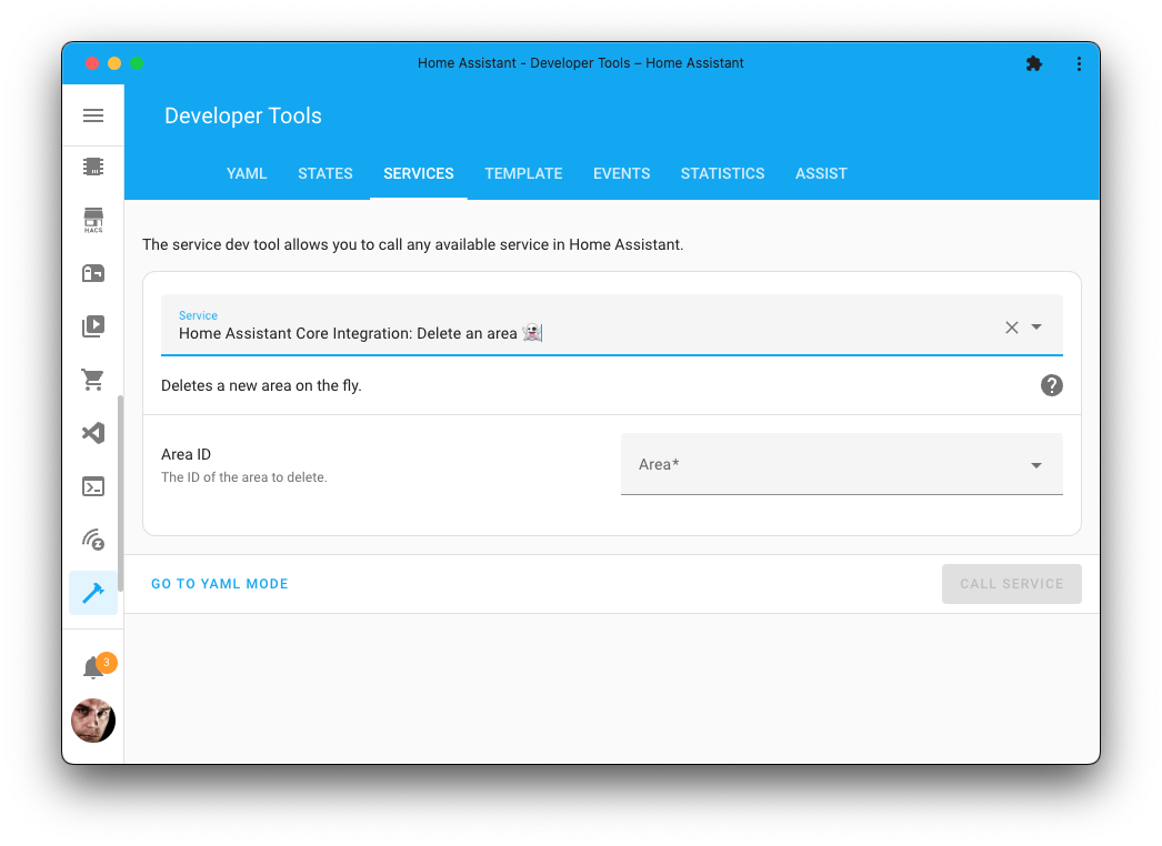 Screenshot of the delete area action on the Tools page.