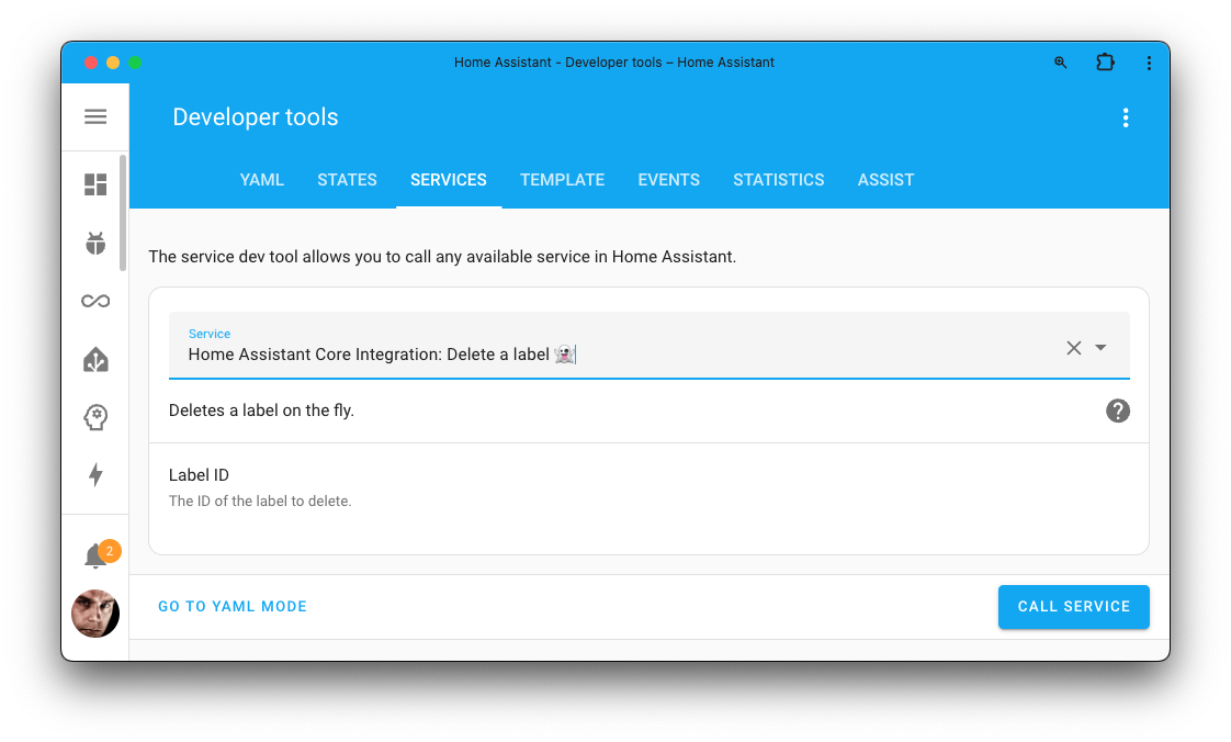 Screenshot of the delete label action on the Tools page.