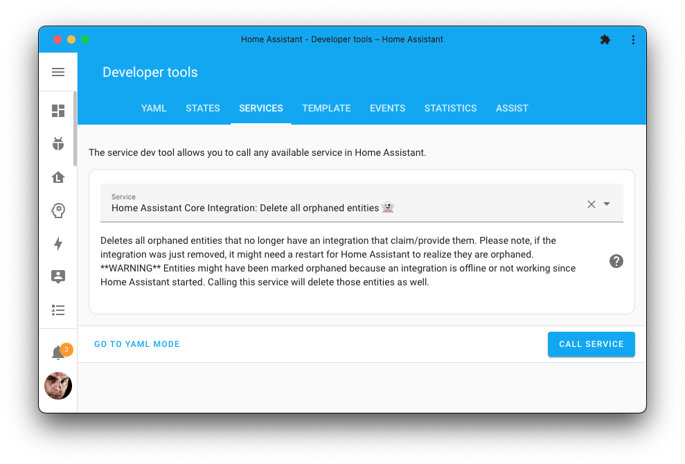 Screenshot of the Home Assistant delete all orphaned entities action on the Tools page.