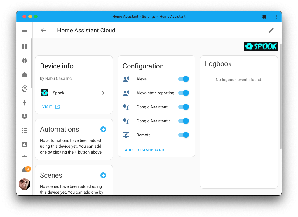 Screenshot showing a Home Assistant Cloud device page, added by Spook.