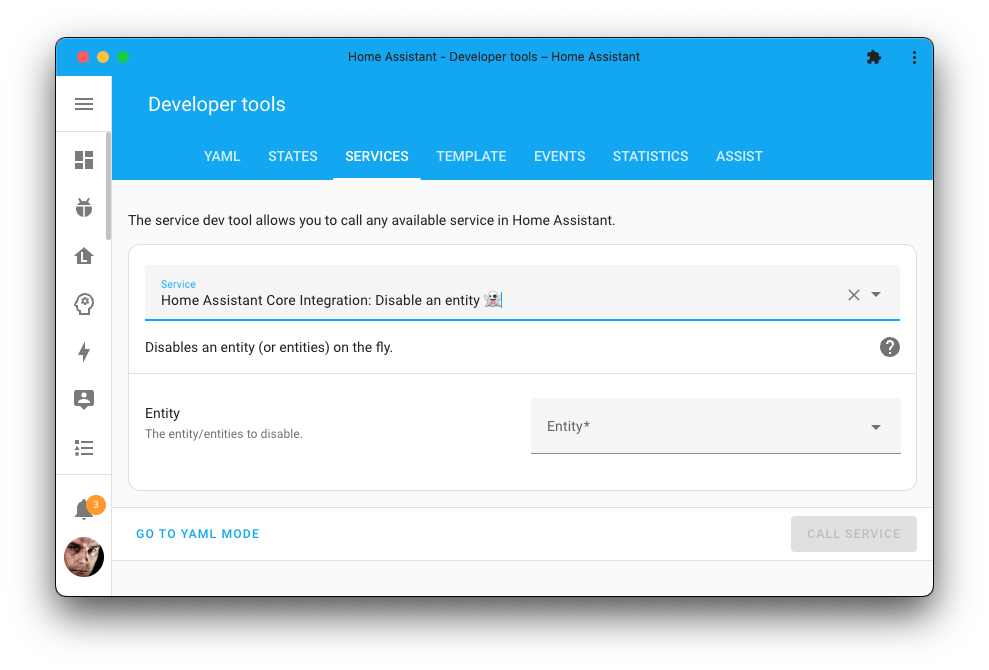 Screenshot of the Home Assistant disable entity action in the developer tools.