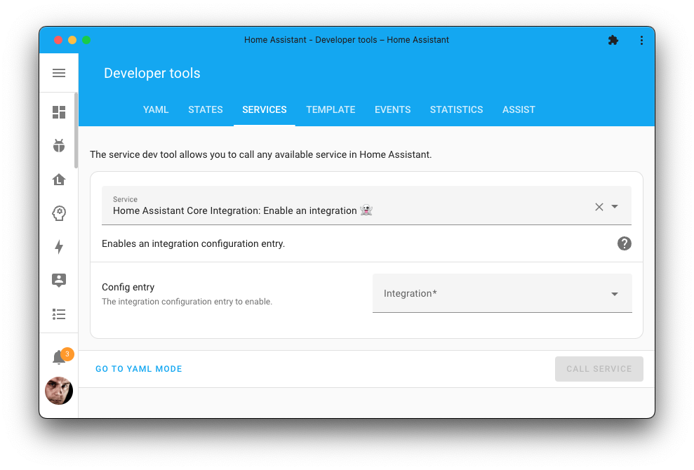 Screenshot of the Home Assistant enable config entry action on the Tools page.