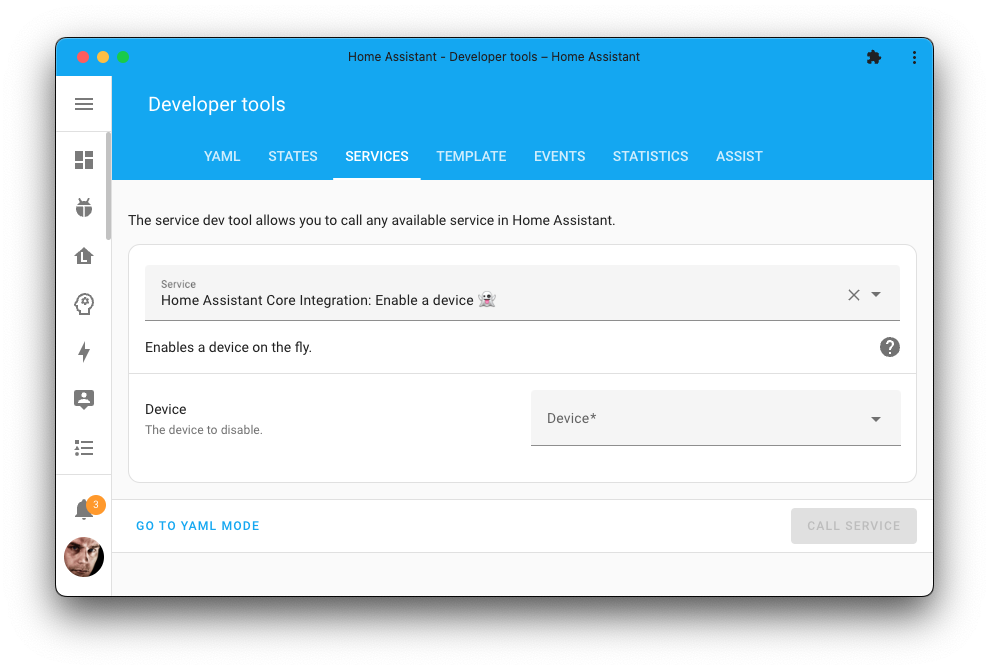 Screenshot of the Home Assistant enable device action on the Tools page.
