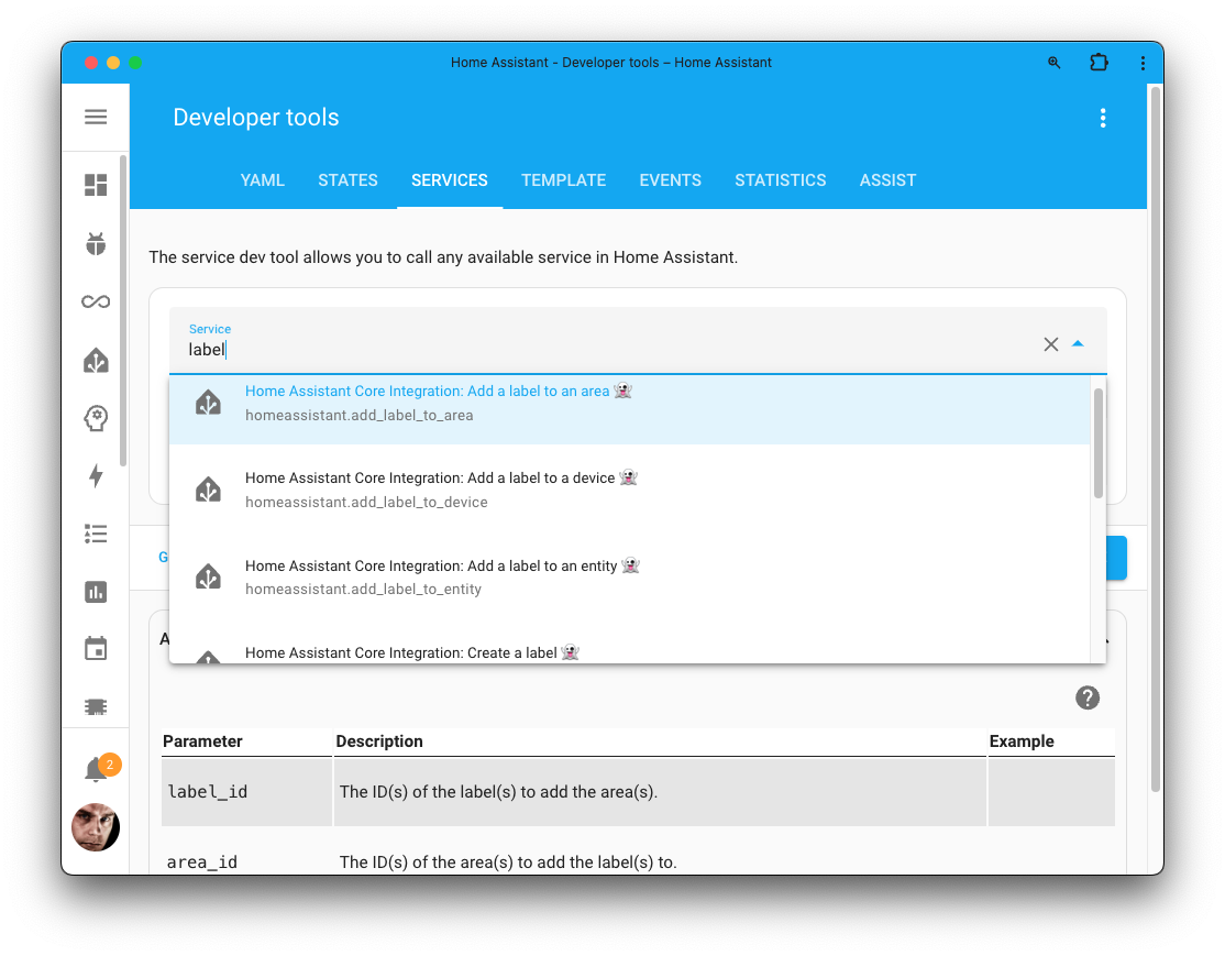 Screenshot of the Actions tool, listing the new actions to manage labels.