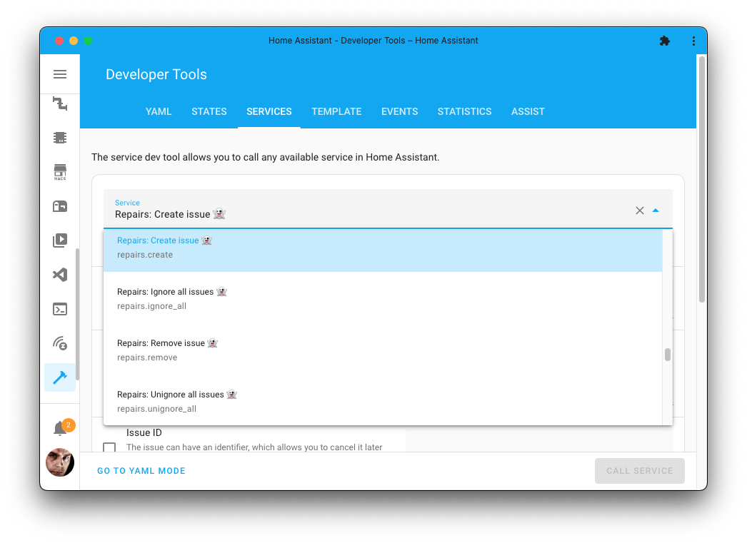 Screenshot of the repairs actions Spook adds to Home Assistant, taken from the Tools page.