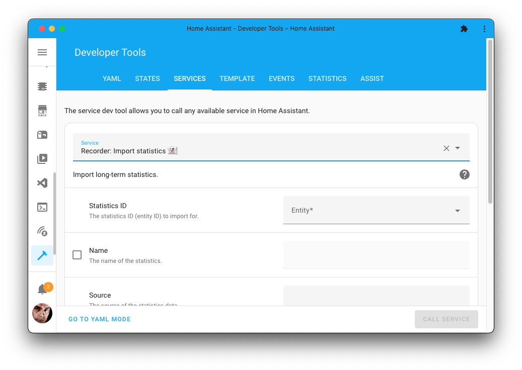 Screenshot of the recorder import statistics action on the Tools page.