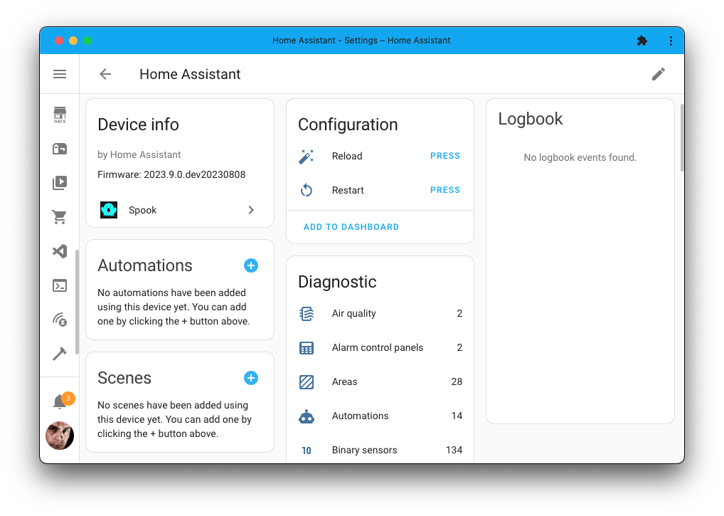 Screenshot showing a new device that provides control over your Home Assistant itself.