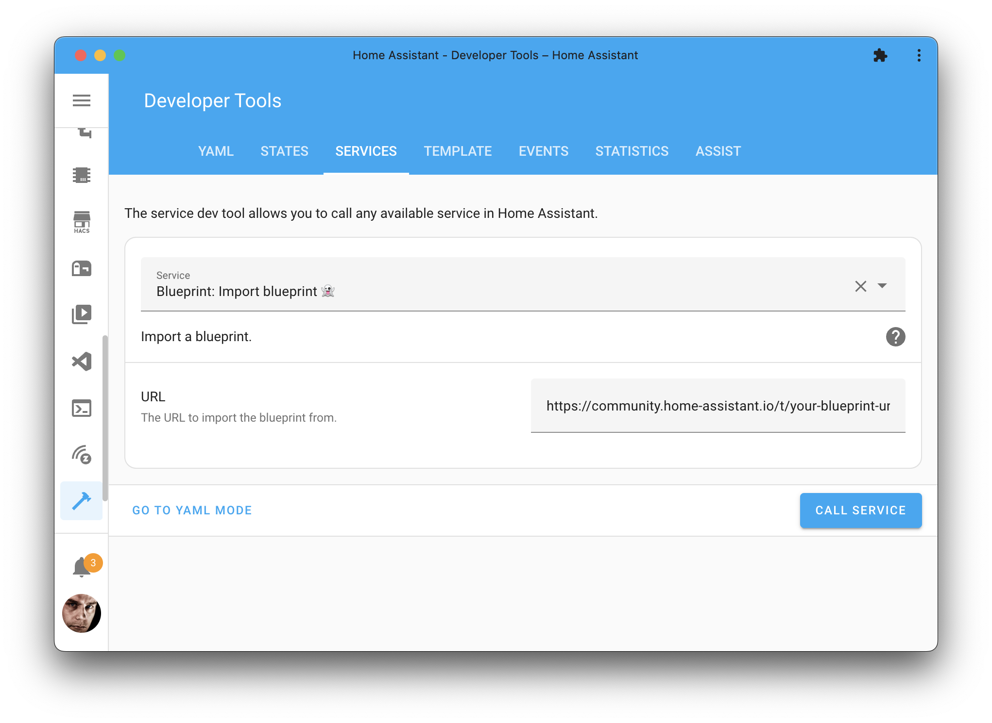 Screenshot of the Blueprint import action on the Tools page.
