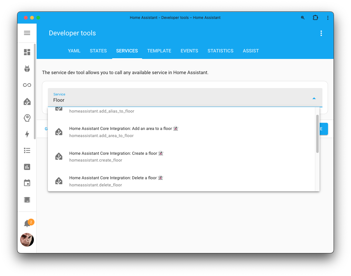Screenshot of the Actions tool, listing the new actions to manage floors.
