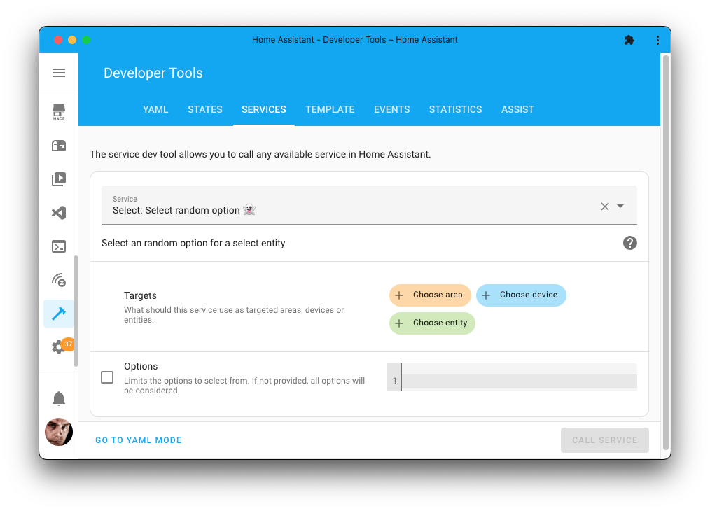 Screenshot of the Actions tool, showing the new random actions for select.