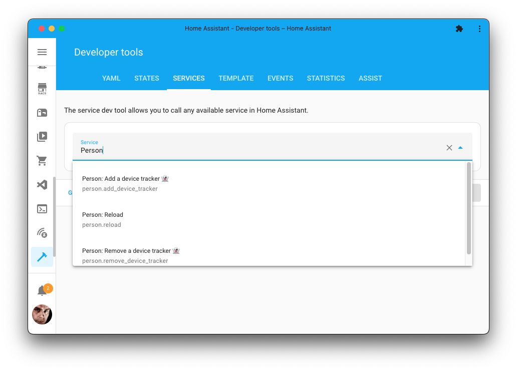 Screenshot of the Actions tool, listing the new actions for persons.