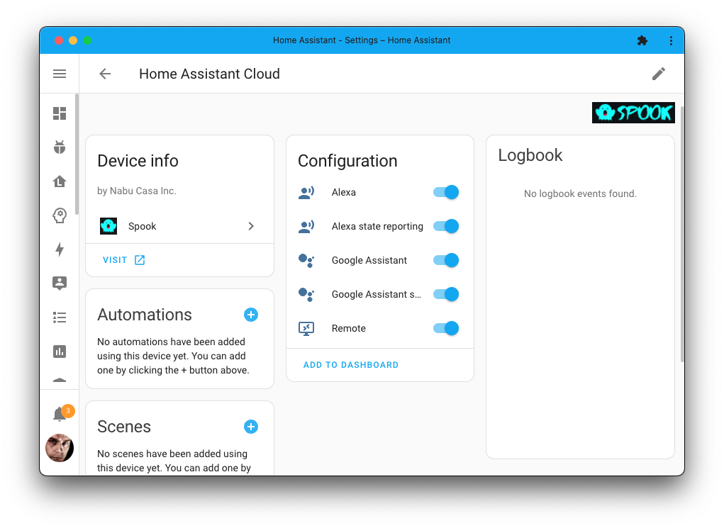 Screenshot showing a new device that provides control over your Home Assistant Cloud connection.