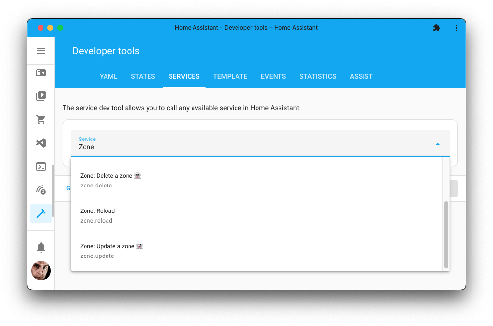 Screenshot of the recorder import statistics action in the developer tools.