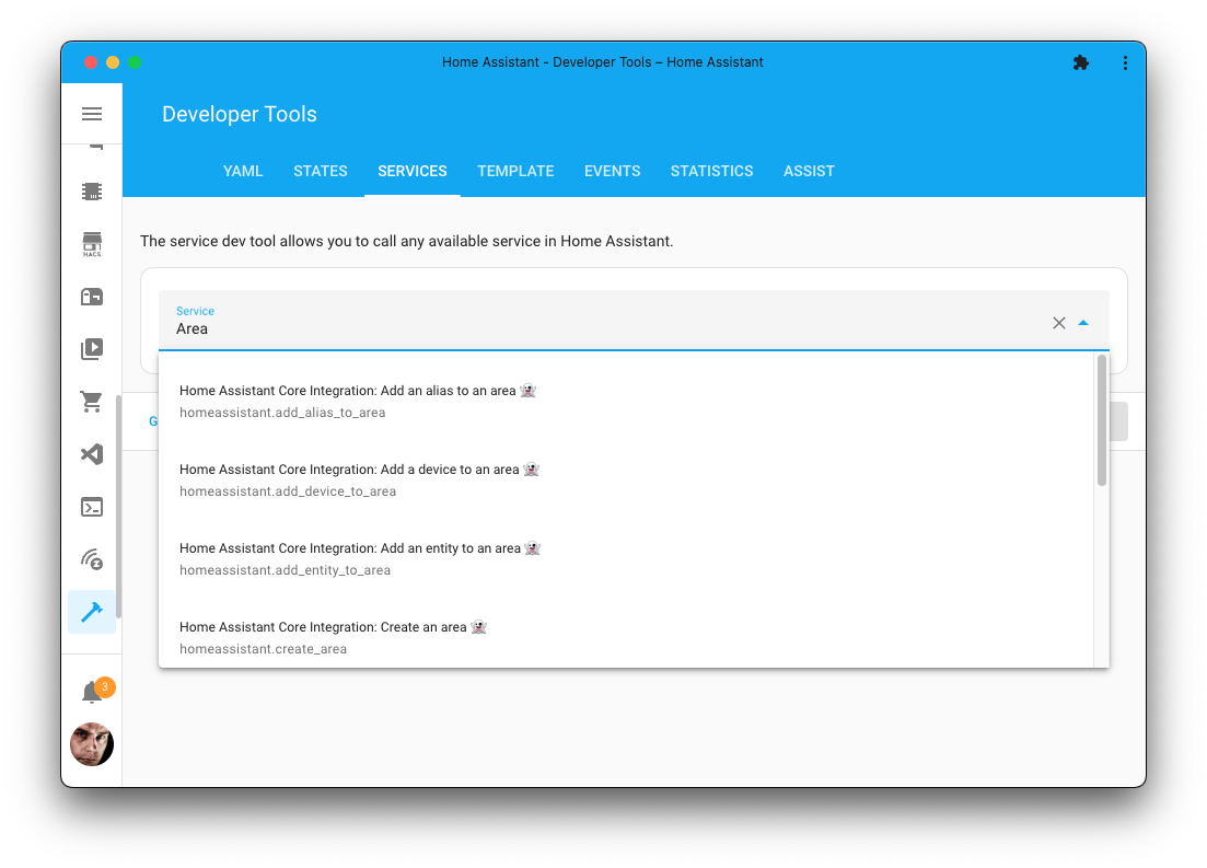 Screenshot of the Actions tool, listing the new actions to manage areas.