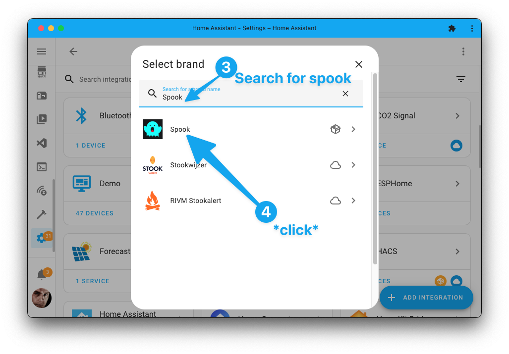 Screenshot showing showing the integration search dialog in Home Assistant.