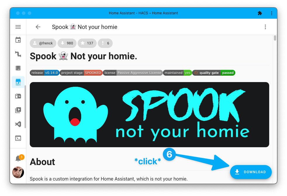 Screenshot showing the Spook page in the HACS store.