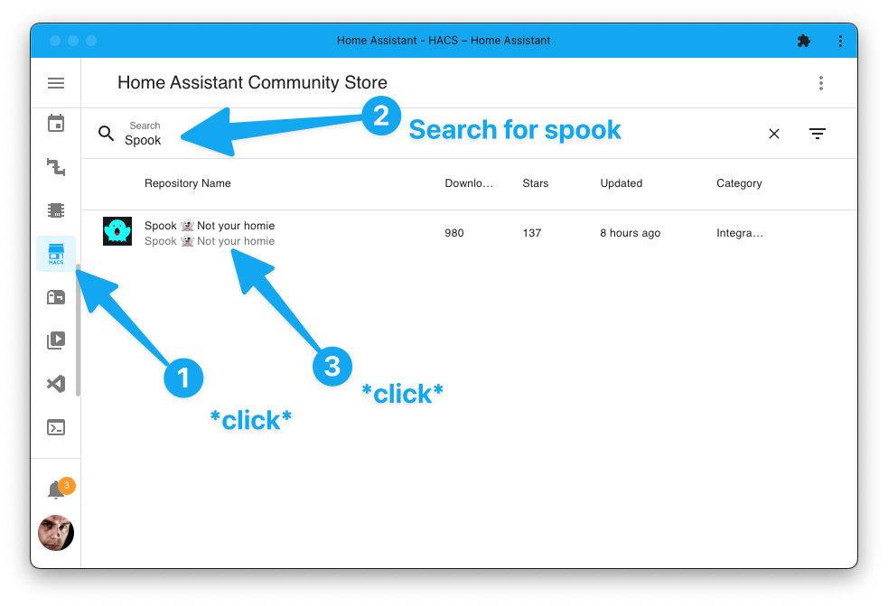 Screenshot showing the HACS dashboard searching for Spook.