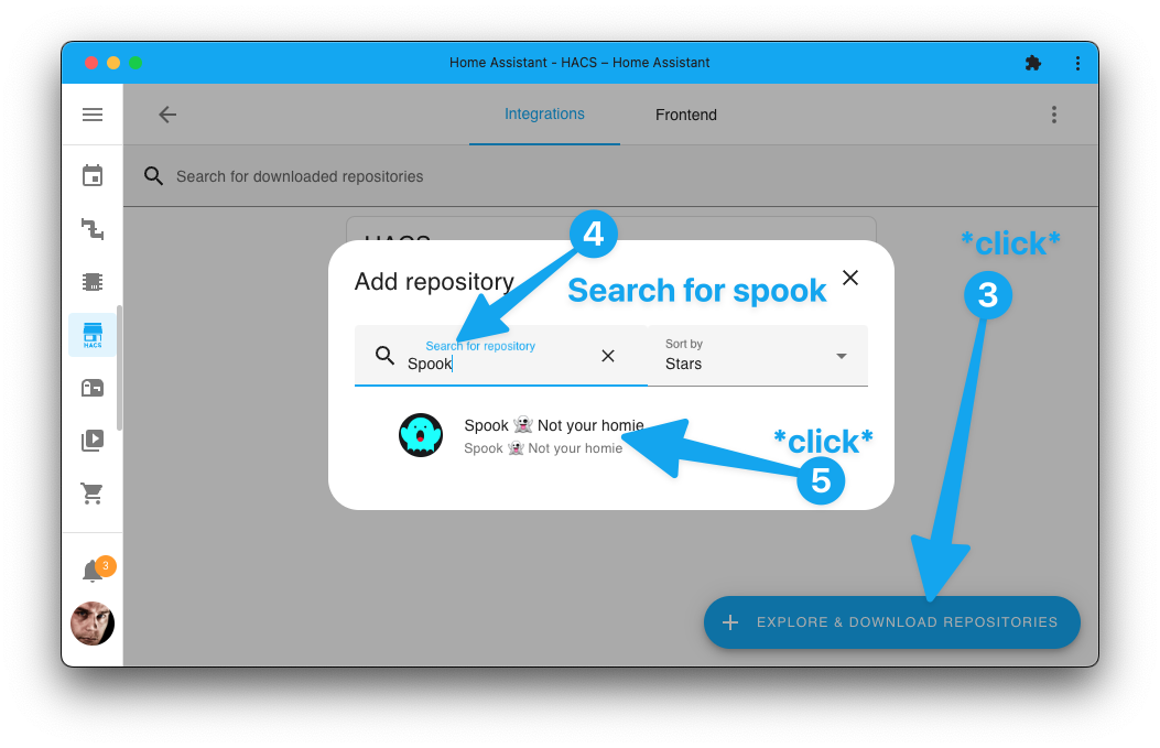 Screenshot showing the HACS dashboard searching for Spook.