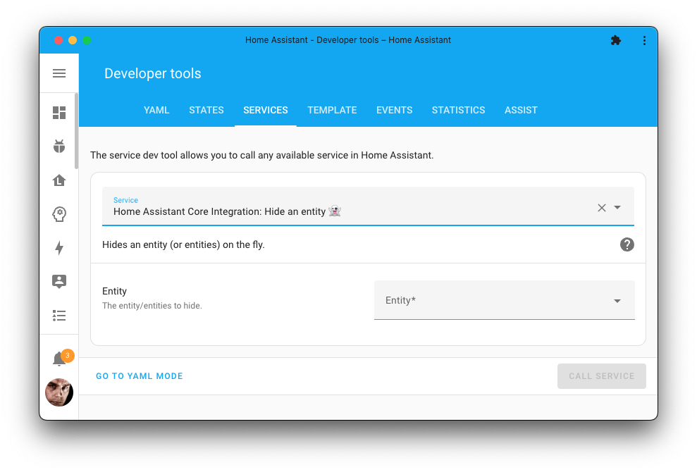 Screenshot of the Home Assistant hide entity action on the Tools page.