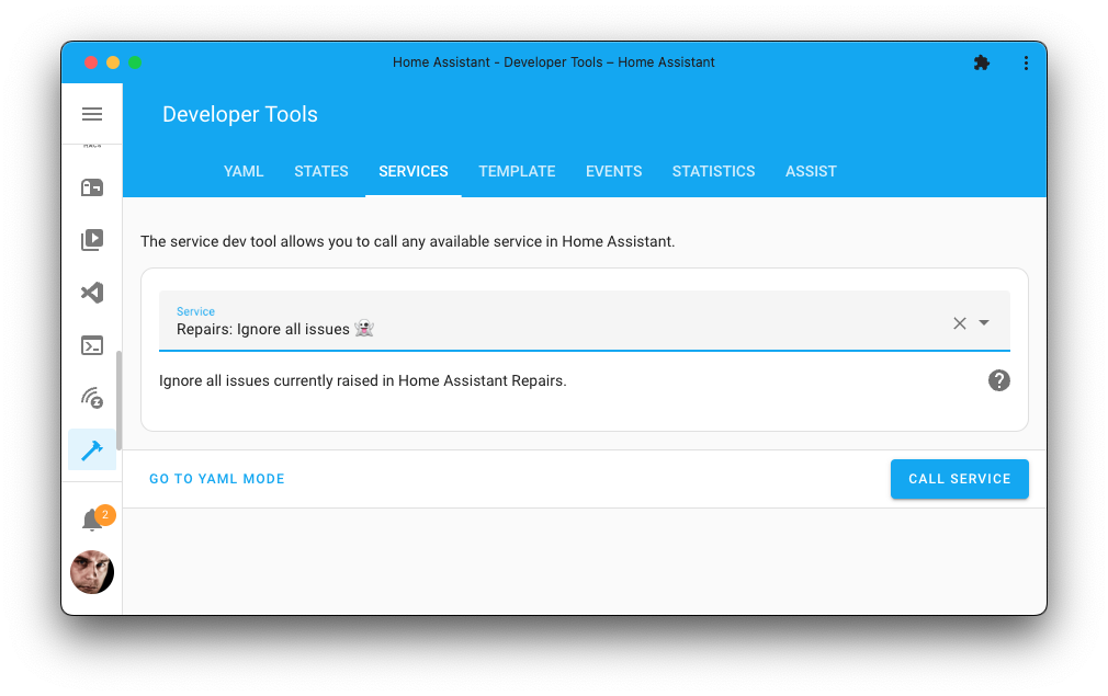 Screenshot of the repairs ignore all issues action on the Tools page.