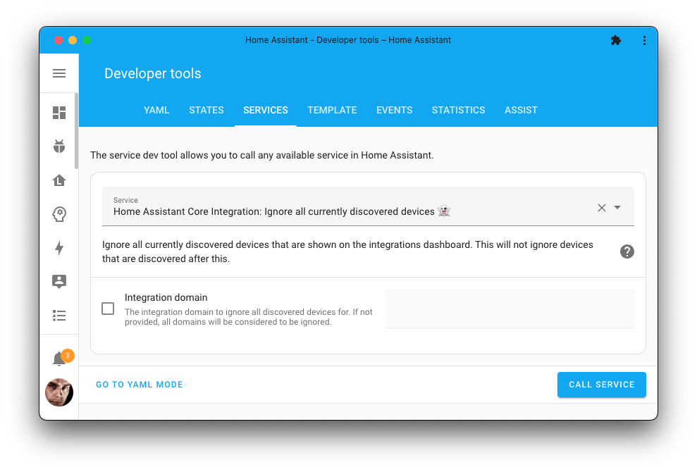 Screenshot of the Home Assistant ignore all discovered devices and services action on the Tools page.