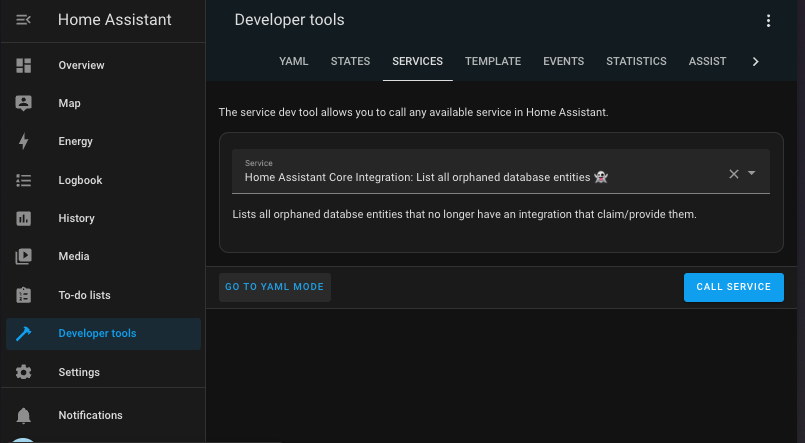 Screenshot of the Home Assistant list orphaned database entities action on the Tools page.