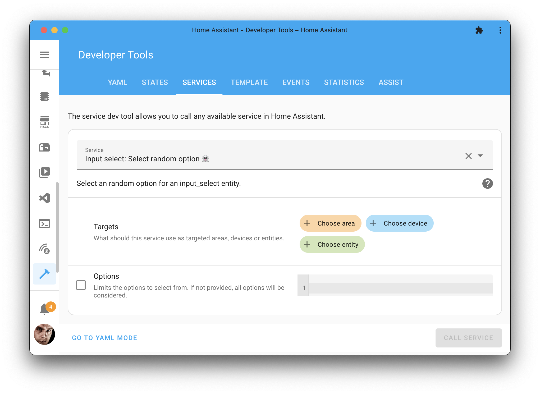 Screenshot of the input select random action on the Tools page.