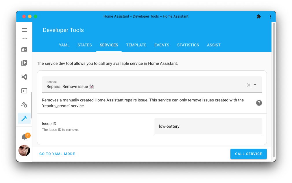 Screenshot of the repairs remove issue action on the Tools page.