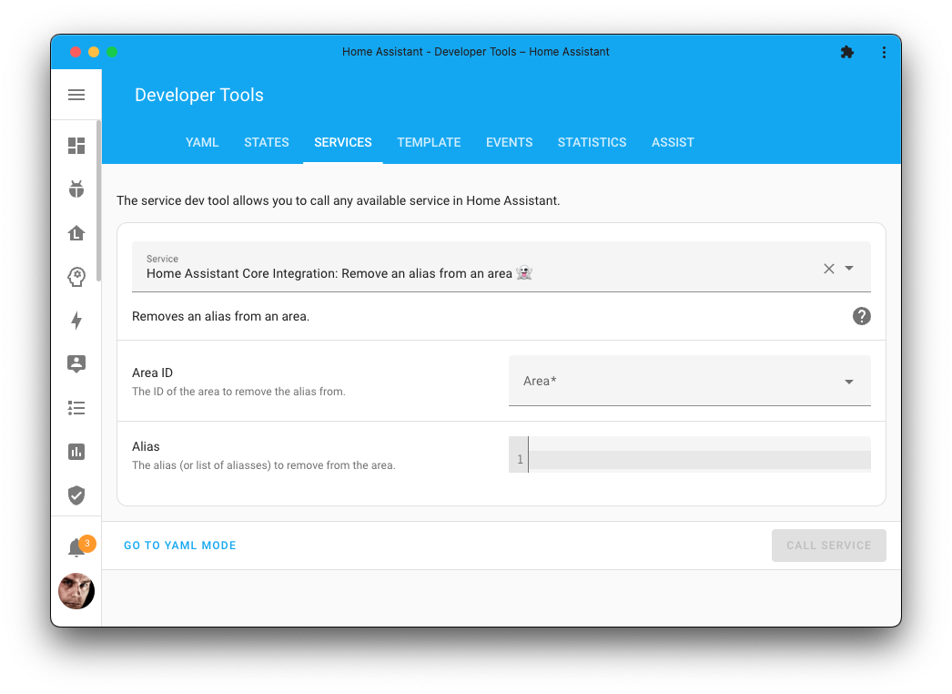 Screenshot of the remove an alias from an area action on the Tools page.