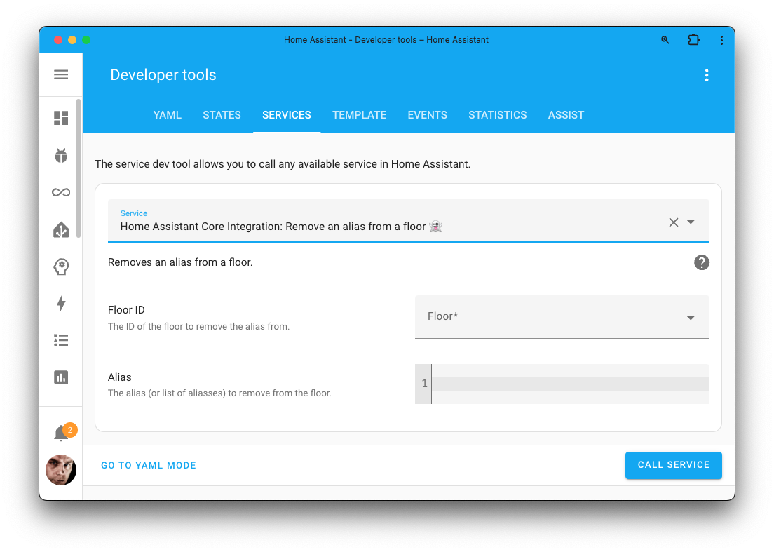 Screenshot of the remove an alias to a floor action on the Tools page.