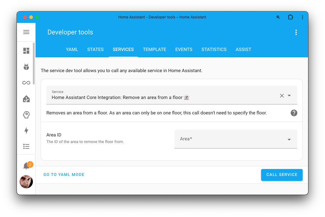 Screenshot of the remove an area from a floor action on the Tools page.