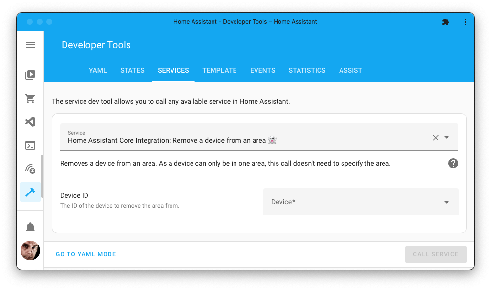 Screenshot of the remove a device from an area action on the Tools page.