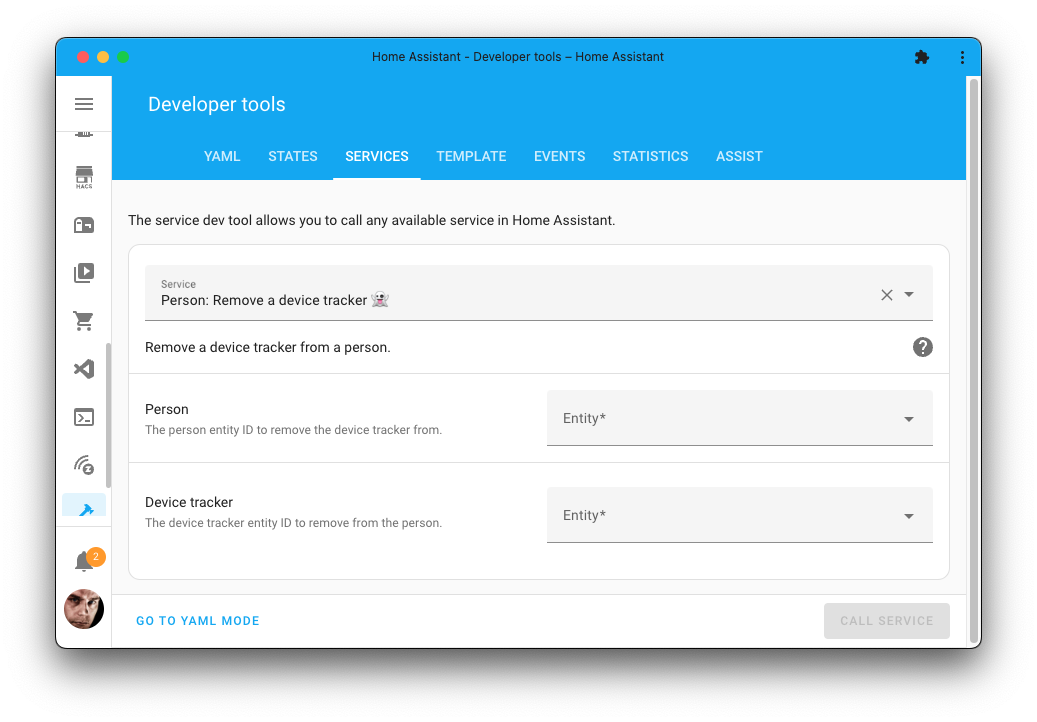 Screenshot of the person remove device tracker action on the Tools page.