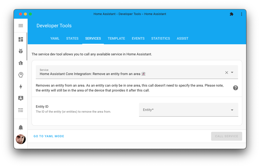 Screenshot of the remove an entity from an area action on the Tools page.