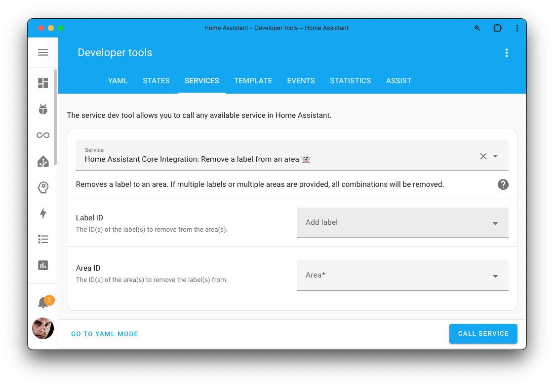Screenshot of the remove a label from an area action on the Tools page.