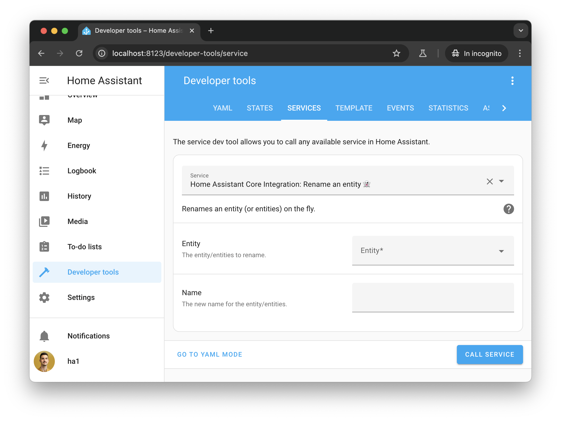 Screenshot of the Home Assistant rename entity action on the Tools page.