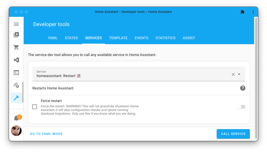 Screenshot of the Home Assistant restart action in the developer tools.