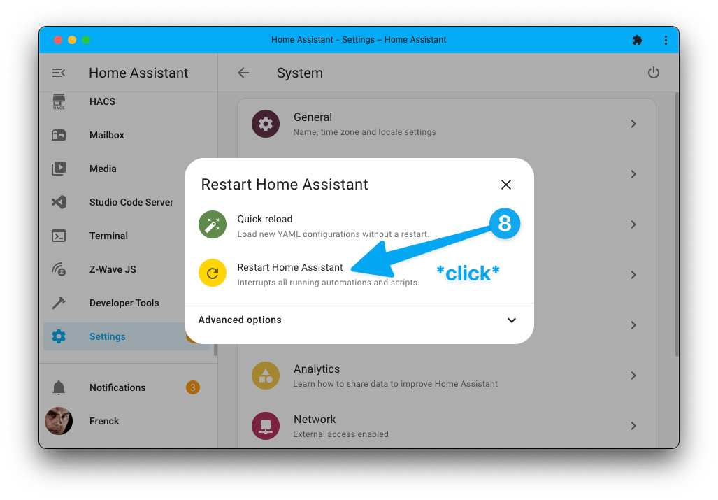 Screenshot showing the Home Assistant restart dialog.