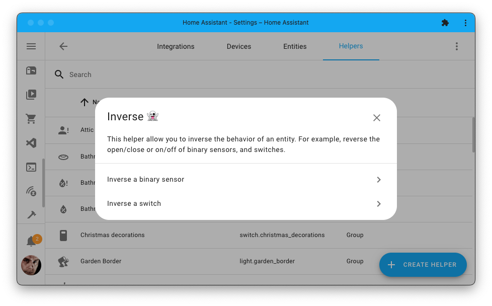 Screenshot of the inverse helper dialog, which allows you to select the type of entity to invert.