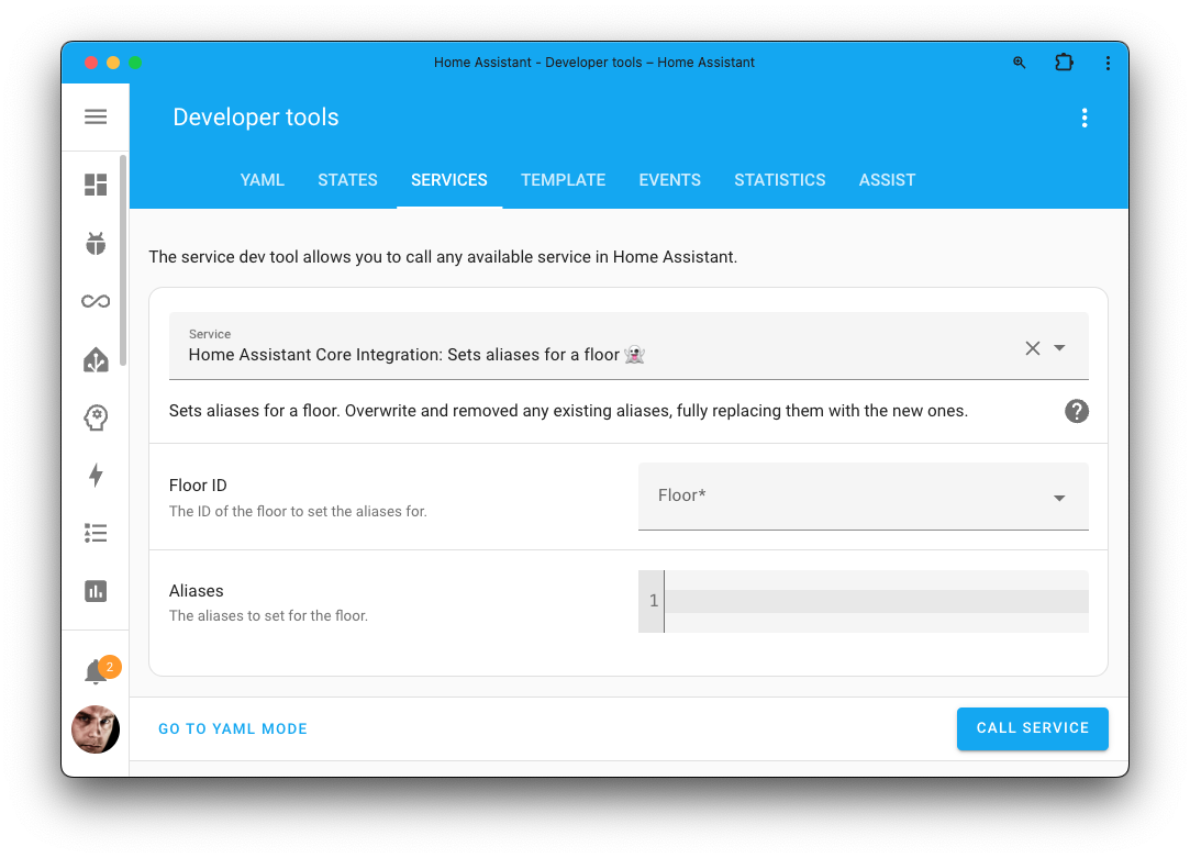 Screenshot of the set aliases to for a floor action on the Tools page.
