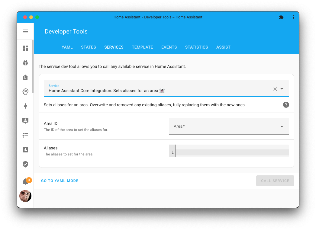 Screenshot of the set aliases for an area action on the Tools page.